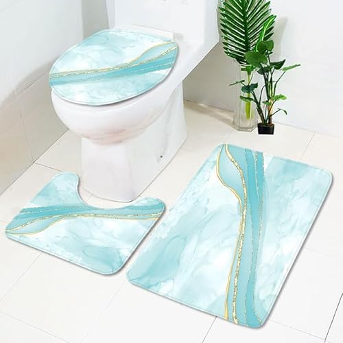 Badezimmermatte Türkis Gold Marmor Fußmatte 3 Teilig Duschvorleger rutschfest Badezimmerteppich Saugfähig Badvorleger Set Bath Mat Langlebig Badmatte Waschbar Badematte 50x80cm von HJOSWVNS