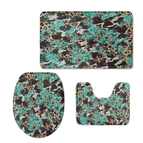 Badezimmermatte Turquoise Kaffee Fußmatte 3 Teilig Bath Mat rutschfest Badmatte Saugfähig Wohnzimmer Badezimmerteppich Langlebig Badematte Waschbar Badteppich Set Badezimmermatten 50x80cm von HJOSWVNS