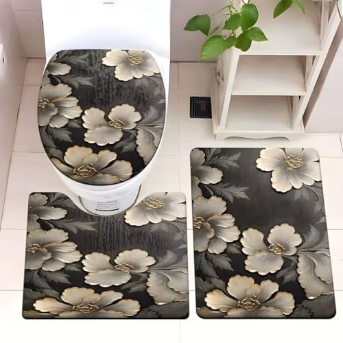 Badezimmermatte Vintage Graue Blume Fußmatte 3 Teilig Badteppich Set Badmatte rutschfest Rugs for Living Room Saugfähig Bath Mat Langlebig Fussmatte Innen Waschbar Badezimmerteppich 45x75cm von HJOSWVNS