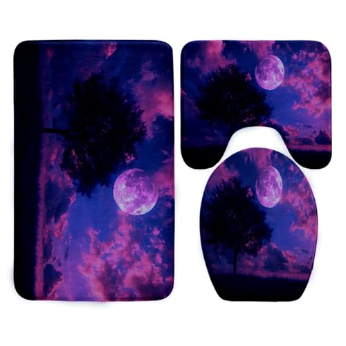 Badezimmermatte Violett Mond Blumen Fußmatte 3 Teilig Bath Mat rutschfeste Badematte Saugfähig Badmatte Wohnzimmer Badezimmerteppich Langlebig Badvorleger Waschbar Badteppich Set 50x80cm von HJOSWVNS