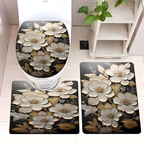 Badezimmermatte Weiße Blume Braun Fußmatte 3 Teilig Badteppich Set Badmatte rutschfest Rugs for Living Room Saugfähig Bath Mat Langlebig Fussmatte Innen Waschbar Badezimmerteppich 45x75cm von HJOSWVNS
