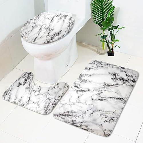 Badezimmermatte Weißer Marmor Schwarz Fußmatte 3 Teilig Duschvorleger rutschfest Badezimmerteppich Saugfähig Badvorleger Set Bath Mat Langlebig Badmatte Waschbar Badematte 50x80cm von HJOSWVNS