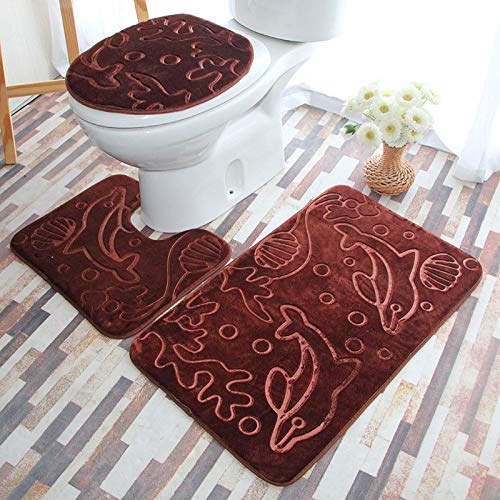 Badezimmermatte Ziegel Rot Delfine Fußmatte 3 Teilig Badteppich Set Bath Mat rutschfest Badmatte Saugfähig Teppich Wohnzimmer Langlebig Badezimmerteppich Waschbar Fussmatte Innen 45x75cm von HJOSWVNS