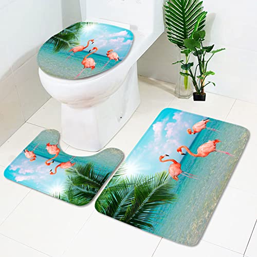 Badezimmerteppich Flamingo Kokosbaum Badematte Set 3 Teilig Fußmatte rutschfest Saugfähig Badteppich Waschbar Fussmatte Teppich Schmutzfangmatte für Badezimmer von HJOSWVNS