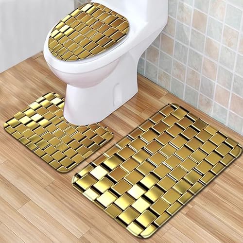 Badezimmerteppich Goldene Geometrie Badematte Set 3 Teilig Fußmatte rutschfest Saugfähig Badteppich Waschbar Fussmatte Teppich Schmutzfangmatte für Badezimmer von HJOSWVNS