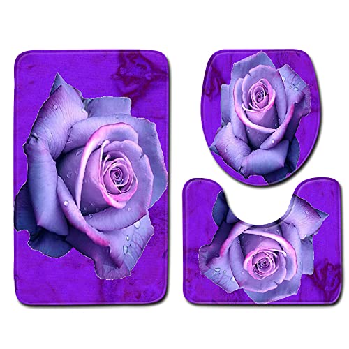 Badezimmerteppich Lila Rose Badematte Set 3 Teilig Fußmatte rutschfest Saugfähig Badteppich Waschbar Fussmatte Teppich Schmutzfangmatte für Badezimmer von HJOSWVNS
