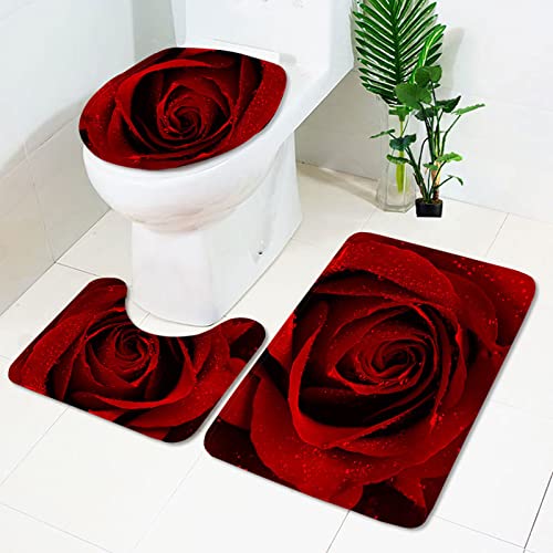 Badezimmerteppich Rote Rose Badematte Set 3 Teilig Fußmatte rutschfest Saugfähig Badteppich Waschbar Fussmatte Teppich Schmutzfangmatte für Badezimmer von HJOSWVNS