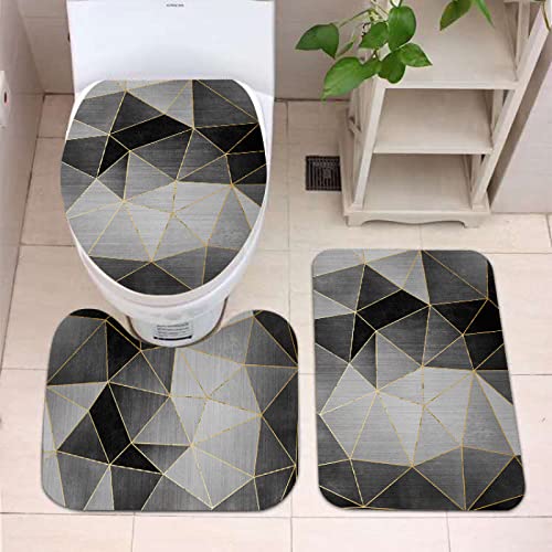 Badezimmerteppich Schwarz Grau Geometrie Badematte Set 3 Teilig Fußmatte rutschfest Saugfähig Badteppich Waschbar Fussmatte Teppich Schmutzfangmatte für Badezimmer von HJOSWVNS