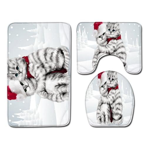 Badezimmerteppich Weihnachten Süße Katze Badematte Set 3 Teilig Fußmatte rutschfest Saugfähig Badteppich Waschbar Fussmatte Teppich Schmutzfangmatte für Badezimmer von HJOSWVNS