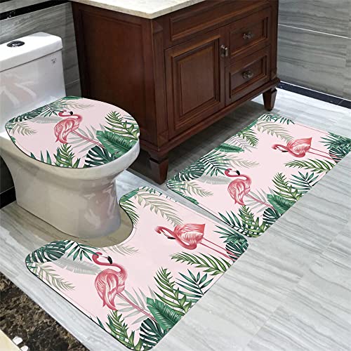 HJOSWVNS Badteppich Blattrosa Flamingo Badvorleger Set 3 teilig Badematte rutschfest Saugfähig Badezimmerteppich Waschbar Fussmatte Teppich, für Badezimmer, Wohnzimmer, Schlafzimmer 50x80cm von HJOSWVNS