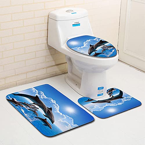 Badteppich Blauer Delfin Badvorleger Set 3 teilig Badematte rutschfest Saugfähig Badezimmerteppich Waschbar Fussmatte Teppich, für Badezimmer, Wohnzimmer, Schlafzimmer 50x80cm von HJOSWVNS