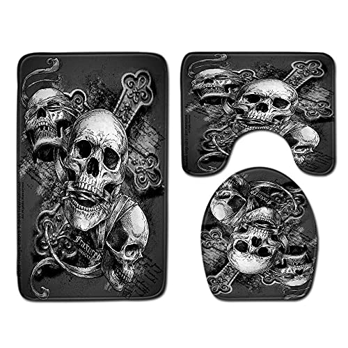 HJOSWVNS Badteppich Grauer Totenkopf-Print Badvorleger Set 3 teilig Badematte rutschfest Saugfähig Badezimmerteppich Waschbar Fussmatte Teppich, für Badezimmer, Wohnzimmer, Schlafzimmer 50x80cm von HJOSWVNS