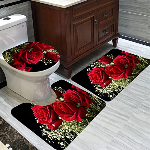 HJOSWVNS Badteppich Rote Schwarze Rose Badvorleger Set 3 teilig Badematte rutschfest Saugfähig Badezimmerteppich Waschbar Fussmatte Teppich, für Badezimmer, Wohnzimmer, Schlafzimmer 50x80cm von HJOSWVNS