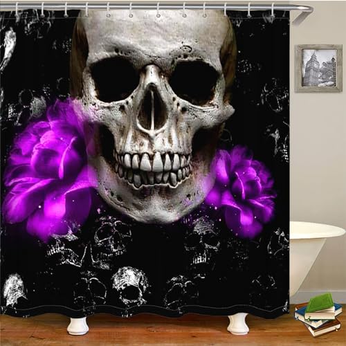 Duschvorhang 180x200 Schädel Lila Schwarz Duschvorhang Stoff Polyester Badevorhang Duschvorhang Wasserdicht Antischimmel Shower Curtains mit 12 Duschvorhangringen Duschvorhang Badewanne von HJOSWVNS