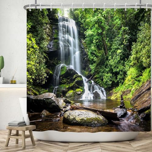 Duschvorhang 180x200 Wasserfall Kiesel Grün Shower Curtains Verdickung Polyester Duschvorhänge Antischimmel Shower Curtain Wasserdicht Duschvorhang Badewanne Edelstahl Ösen von HJOSWVNS