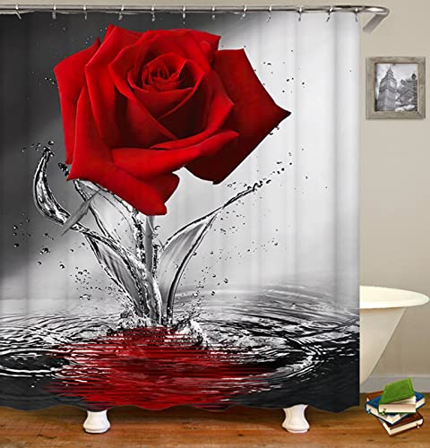 Duschvorhang Rose Rot Grau Shower Curtains Verdickung Polyester Duschvorhänge Antischimmel Shower Curtain Wasserdicht Duschvorhang Badewanne Edelstahl Ösen 200x200cm von HJOSWVNS