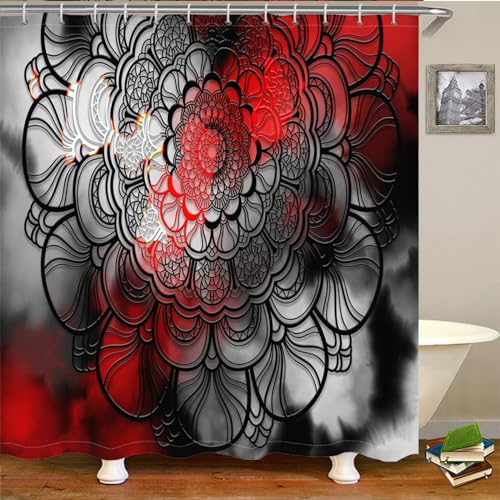 HJOSWVNS Duschvorhang Rot Mandala Schwarz 200 x 240 cm Schimmelresistent Wasserdicht Badezimmer Vorhang von HJOSWVNS