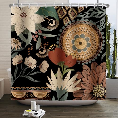 Duschvorhang Schwarze Beige Blume Shower Curtains Verdickung Polyester Duschvorhänge Antischimmel Shower Curtain Wasserdicht Duschvorhang Badewanne Edelstahl Ösen 200x200cm von HJOSWVNS