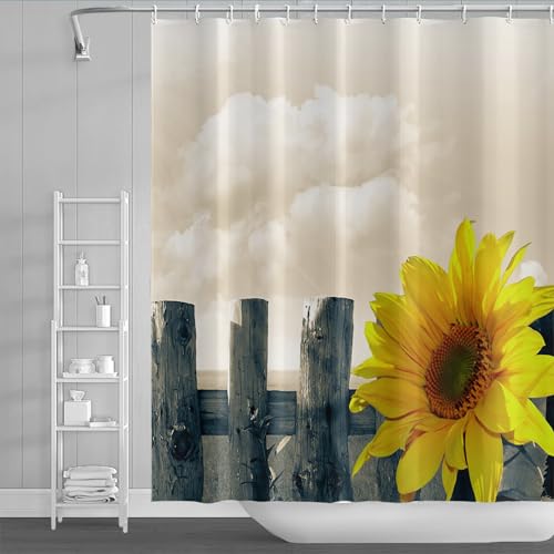 Duschvorhang Sonnenblumen Grau Gelb Shower Curtains Verdickung Polyester Duschvorhänge Antischimmel Shower Curtain Wasserdicht Duschvorhang Badewanne Edelstahl Ösen 120x180cm von HJOSWVNS