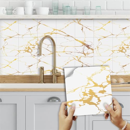 Fliesenaufkleber Abstraktes Gold Weiß Küchenrückwand Selbstklebend PVC Klebefliesen Wasserdicht Fliesenaufkleber Bad Küche Verdickung Fliesenfolie Dauerhaft Mosaikfliesen 15x15cm/10 Pcs von HJOSWVNS