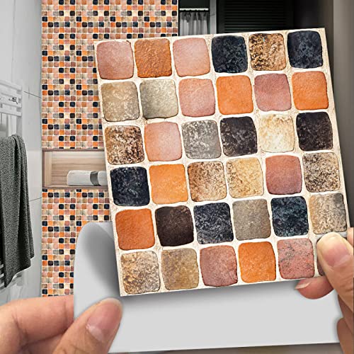 Fliesenaufkleber Retro Orange Marmor Klebefliesen Fliesenfolie Selbstklebende Mosaikfliesen Wasserdicht Ölfest Küchenrückwand Folie Dekor Fliesenaufkleber Bad 10 Stück(15x15cm) von HJOSWVNS