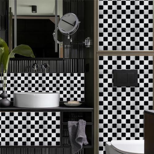 Fliesenaufkleber Schwarz Geometrisch Weiß Küchenrückwand Selbstklebend PVC Klebefliesen Wasserdicht Fliesenaufkleber Bad Küche Verdickung Fliesenfolie Dauerhaft Mosaikfliesen 10x10cm/10 Pcs von HJOSWVNS