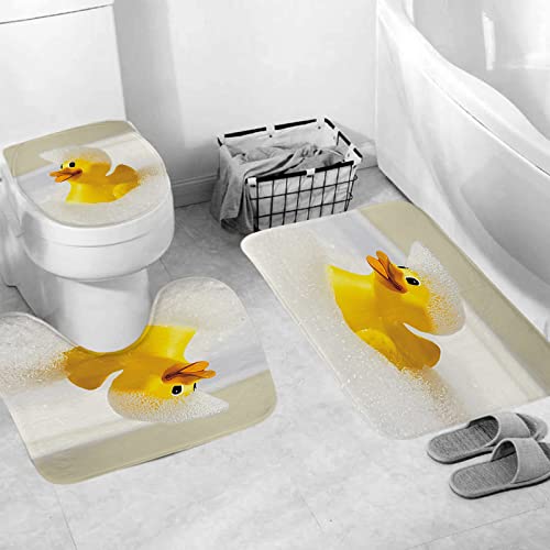 HJOSWVNS Badezimmerteppich Gelbe Ente Badematte Badezimmer Set 3 Teilig rutschfest Badteppich 45x75cm Maschinenwaschbar Badvorleger für Wohnzimmer, Schlafzimmer, Toilette von HJOSWVNS