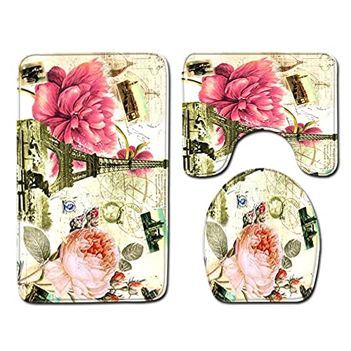 HJOSWVNS Badteppich Vintage Rosa Blume Badvorleger Set 3 teilig Badematte rutschfest Saugfähig Badezimmerteppich Waschbar Fussmatte Teppich, für Badezimmer, Wohnzimmer, Schlafzimmer 45x75cm von HJOSWVNS