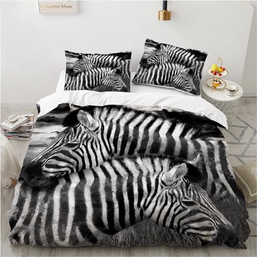 HJOSWVNS Bettdecke 135x200 Zebra Schwarz Weiß Bettbezug 135 x 200 Mikrofaser Bettdecke Atmungsaktive Daunendecke 135x200 mit Reißverschluss Steppdecke 135x200 Weiches Bettdecken+2 Kissenbezug 80x80 von HJOSWVNS