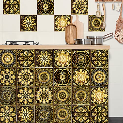 HJOSWVNS Fliesenaufkleber Goldenes Mandala Braun Klebefliesen Wasserdicht Ölfest Selbstklebende Küchenrückwand Folie Mosaikfliesen Fliesenfolie für Bad Möbel Schrank Klebefolie 10 Stück(15x15cm) von HJOSWVNS