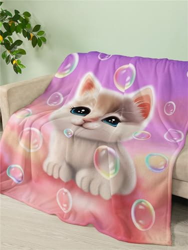 HJOSWVNS Kuscheldecke Lila Katze Rosa Flanell Decken für Sofa 80x150cm Weich Decke für Sofa Waschbar Warm Wohnzimmerdecke von HJOSWVNS