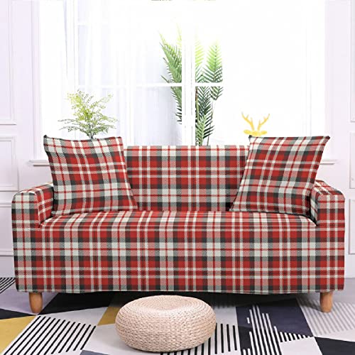 HJOSWVNS Sofa Überzug Rot Beige Kariert Sofabezug Spandex High Elastischer Couch Überzug Mit Anti-Rutsch-Schaumstoffe Sofaüberwurf Möbelschutz Sofa Cover Abwaschbar Couch Überwurf 2 Sitzer von HJOSWVNS