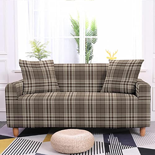 Sofa Überzug Elegantes Beige Plaid Sofabezug Spandex High Elastischer Couch Überzug Mit Anti-Rutsch-Schaumstoffe Sofaüberwurf Möbelschutz Sofa Cover Abwaschbar Couch Überwurf 2 Sitzer von HJOSWVNS