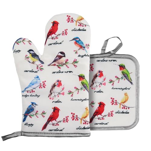 Ofenhandschuh und Topflappen Set Hitzebeständige Topfhandschuhe Polyesterfaser Kochhandschuhe für Kochen, Backen, Grillen Geschenk (Vogel) von HJSSAA