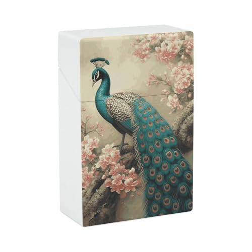 Zigarettenetui Orientalischer Pfau auf Blumenbaum Zigarettenetuis Halter 20 Kapazität Snap-In Spring Design Einhand Flip-Top Kunststoff Reise Zigaretten Box für Männer Frauen Geschenk von HJUQNGF