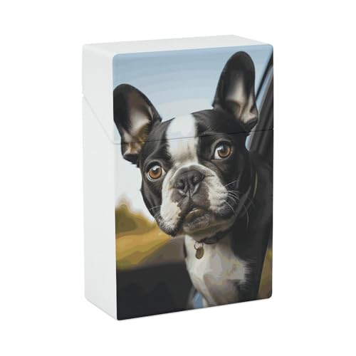 Zigarettenetui Welpe Hund Boston Terrier Zigarettenetuis Halter 20 Kapazität Snap-In Spring Design Einhand Flip-Top Kunststoff Reise Zigaretten Box für Männer Frauen Geschenk von HJUQNGF