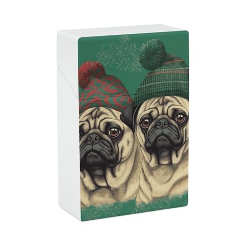 Zigarettenetui Zwei Mops Tragen Hüte Zigarettenetuis Halter 20 Kapazität Snap-In Spring Design Einhand Flip-Top Kunststoff Reise Zigaretten Box für Männer Frauen Geschenk von HJUQNGF