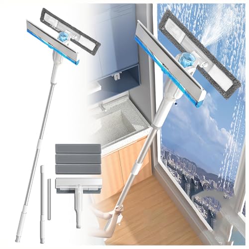 HJXBD888 4 in 1 Sprüh Fensterwischer Mit Teleskopstiel mit Abwassersammler und 3 Pads, Fensterputzer Teleskop mit Verlängerungsstange Fenster Putzen Profi Set für hohe Innen/Außenfenster von HJXBD888