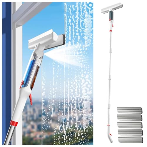 RYJYQYX 4 in 1 Sprüh Fensterabzieher Profi mit 41-190 cm 4-teiligem Verlängerungsstange, Teleskop Fensterwischer mit Abwassersammler und 5 Pads Teleskopreiniger für hohe Fenster innen/außen von HJXBD888