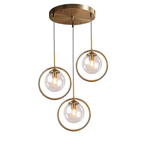 HJXDtech Industrial Vintage Deckenleuchte, Messingring-Pendelleuchte mit Glaskugel-Lampenschirm, Retro Loft Hängelampe-Leuchter (3 Lichter-Klar) von HJXDtech
