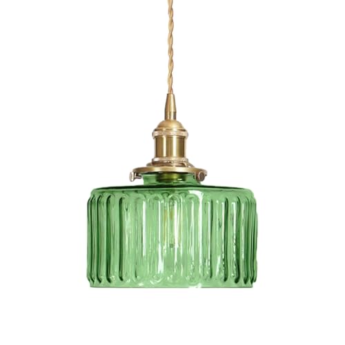 HJXDtech Vintage Hängelampe aus Gestreift Glas Lampenschirm, E27 Messing Lampenfassung, Elegante Klein Pendelleuchte für Küche, Wohnzimmer & Esszimmer (Grün) von HJXDtech