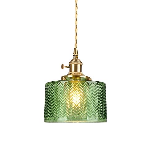 HJXDtech Vintage Hängelampe aus E27 Messing Lampenfassung mit Handgeprägtem Glas Lampenschirm, Elegante Grün Pendelleuchte für Küche, Wohnzimmer & Esszimmer von HJXDtech