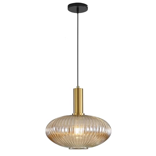 HJXDtech Moderne Vintage Glas Lampenschirm Hängeleuchten & Pendelleuchten, E27 Gold Lampenfassung, Hängelampe einflammig für Küche, Esstisch, Schlafzimmer und Wohnzimmer (Bernstein, 30cm) von HJXDtech