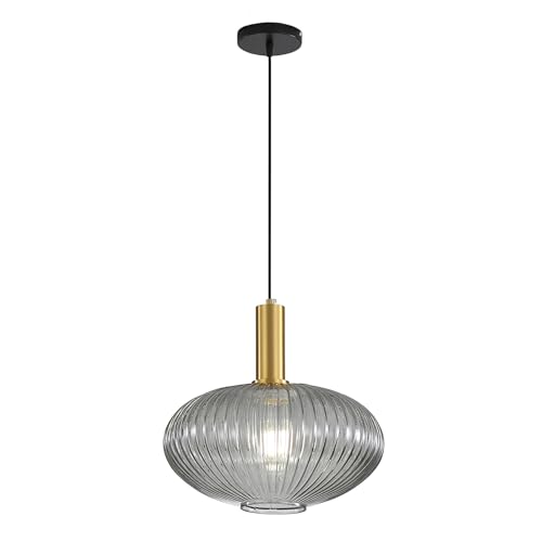 HJXDtech Moderne Vintage Glas Lampenschirm Hängeleuchten & Pendelleuchten, E27 Gold Lampenfassung, Hängelampe einflammig für Küche, Esstisch, Schlafzimmer und Wohnzimmer (Graues, 30cm) von HJXDtech