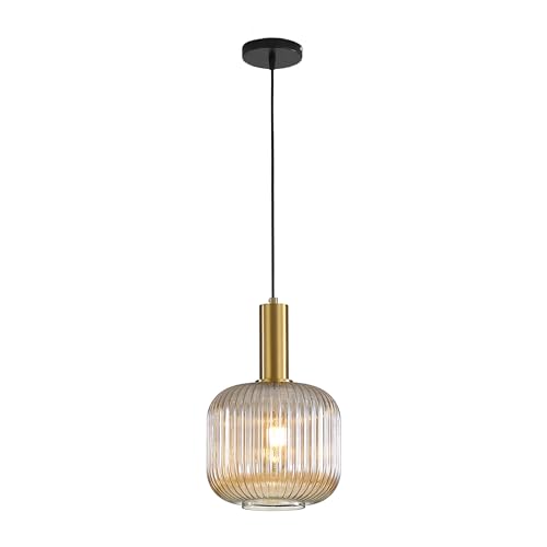 HJXDtech Moderne Vintage Glas Lampenschirm Hängeleuchten & Pendelleuchten, E27 Gold Lampenfassung, Hängelampe einflammig für Küche, Esstisch, Schlafzimmer und Wohnzimmer (Bernstein, 20cm) von HJXDtech