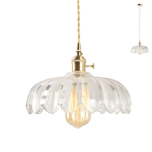 HJXDtech Vintage Glas Pendelleuchte Mit Lotus Blume Lampenschirm, Messing E27-Fassung Mit Schalter, Eleganter Glas Hängelampe für Kücheninsel,Esstisch & Wohnzimmer (Klar) von HJXDtech