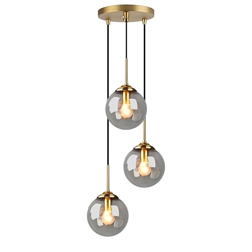 HJXDtech Industrielle Vintage Messing 3-Fläming Pendelleuchte Cluster, Grau Glaskugel Hängelampe Kronleuchter E27 Fassung Deckenleuchte für Küche Wohnzimmer von HJXDtech