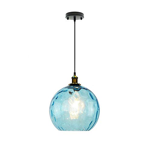 HJXDtech Industrielle Vintage Pendelleuchte mit 20cm Buntem Glaskugel Lampenschirm in Wasserwellen, Antike Bronze E27 Loft Bar Deckenleuchte Hängelampe (Blau) von HJXDtech