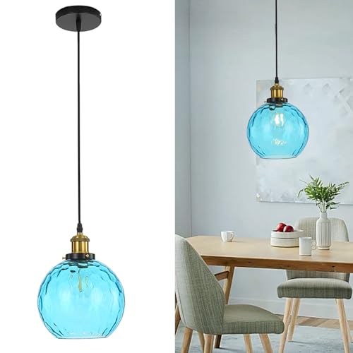 HJXDtech Industrielle Vintage Pendelleuchte mit 20cm Buntem Glaskugel Lampenschirm in Wasserwellen, Antike Bronze E27 Loft Bar Deckenleuchte Hängelampe (Blau) von HJXDtech