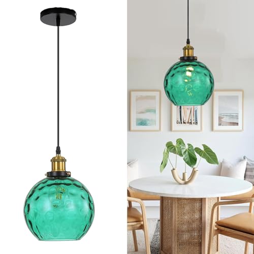 HJXDtech Industrielle Vintage Pendelleuchte mit 20cm Buntem Glaskugel Lampenschirm in Wasserwellen, Antike Bronze E27 Loft Bar Deckenleuchte Hängelampe (Grün) von HJXDtech